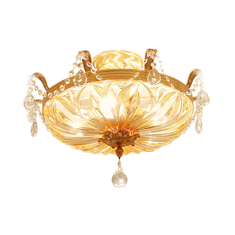Modernist Dome Clear Glass Semi Flush Light - 5 - Light Gold Ceiling Fixture With Crystal Draping