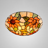 Sunflower Tiffany Stained Glass Flush Mount Ceiling Light In Vibrant Orange Bowl Shape / 12