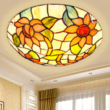 Sunflower Tiffany Stained Glass Flush Mount Ceiling Light In Vibrant Orange Bowl Shape