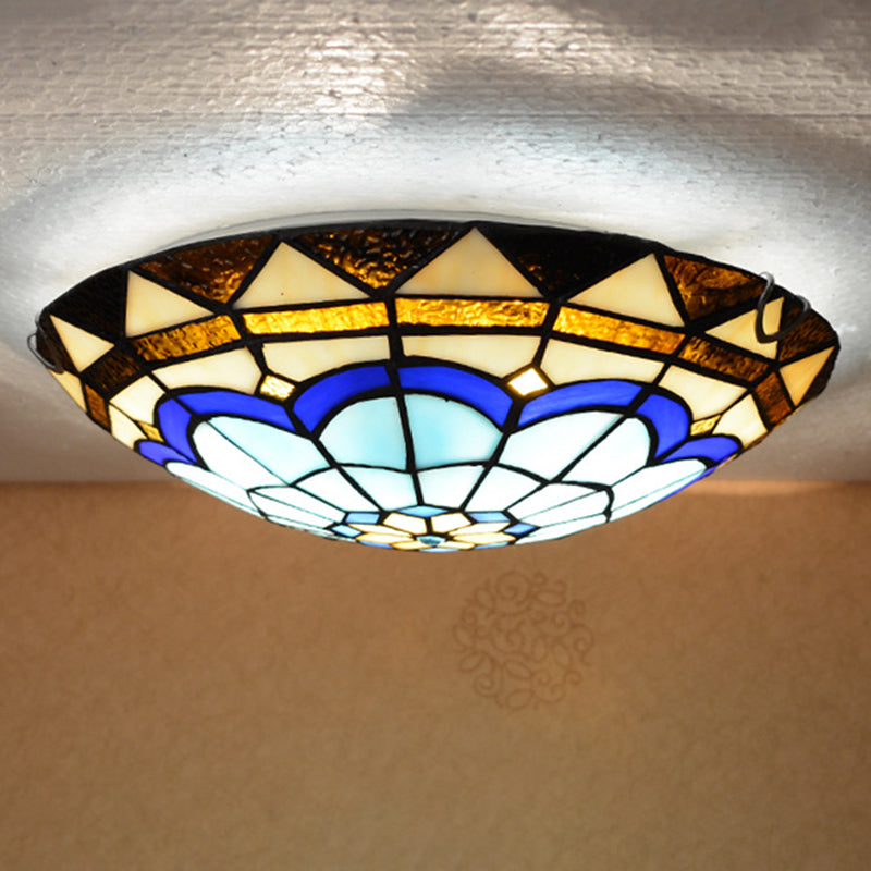 Vintage Blue Handcrafted Glass Dome Ceiling Flush Light With Feather Pattern / 12