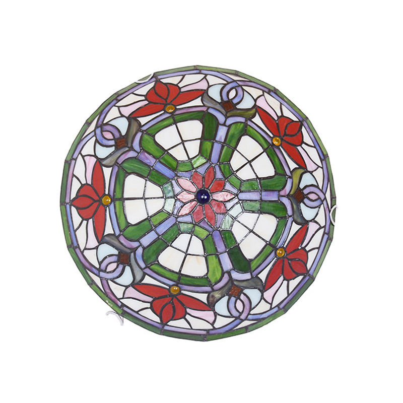 Red Flower Tiffany Stained Glass Ceiling Light: Round Flush Mount For Bedroom