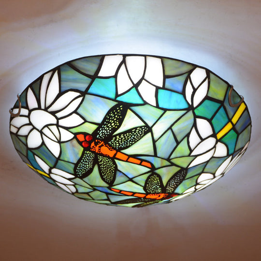 Tiffany Style Dragonfly & Lotus Cut Glass Flush Mount Ceiling Lamp