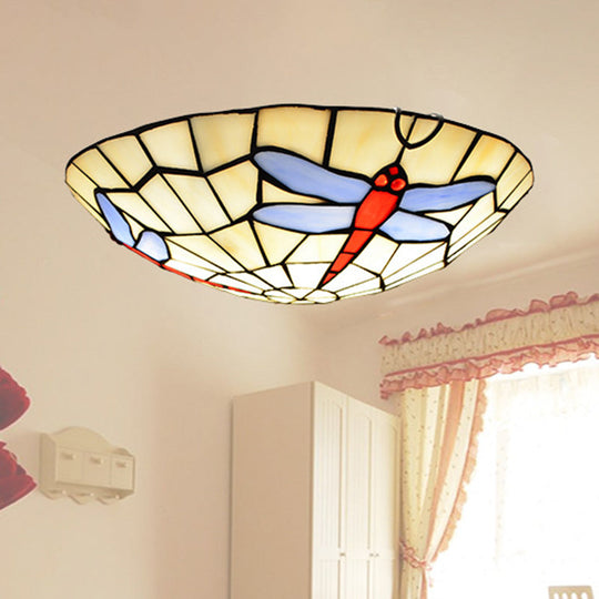 Hand-Crafted Sky Blue Dragonfly Tiffany Glass Ceiling Flush Mount Light