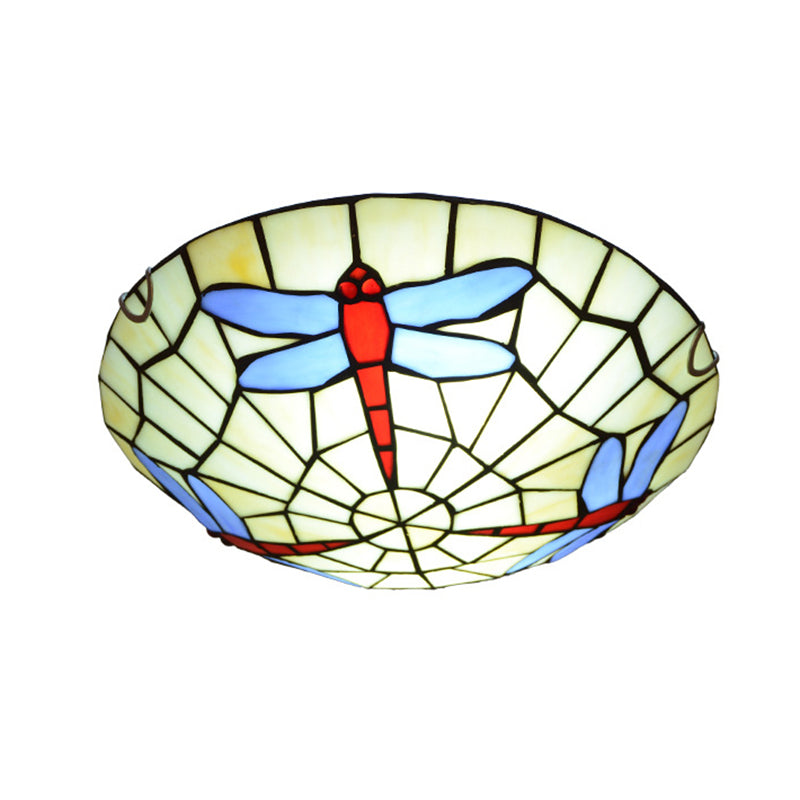 Hand-Crafted Sky Blue Dragonfly Tiffany Glass Ceiling Flush Mount Light