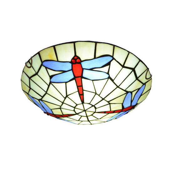 Hand-Crafted Sky Blue Dragonfly Tiffany Glass Ceiling Flush Mount Light