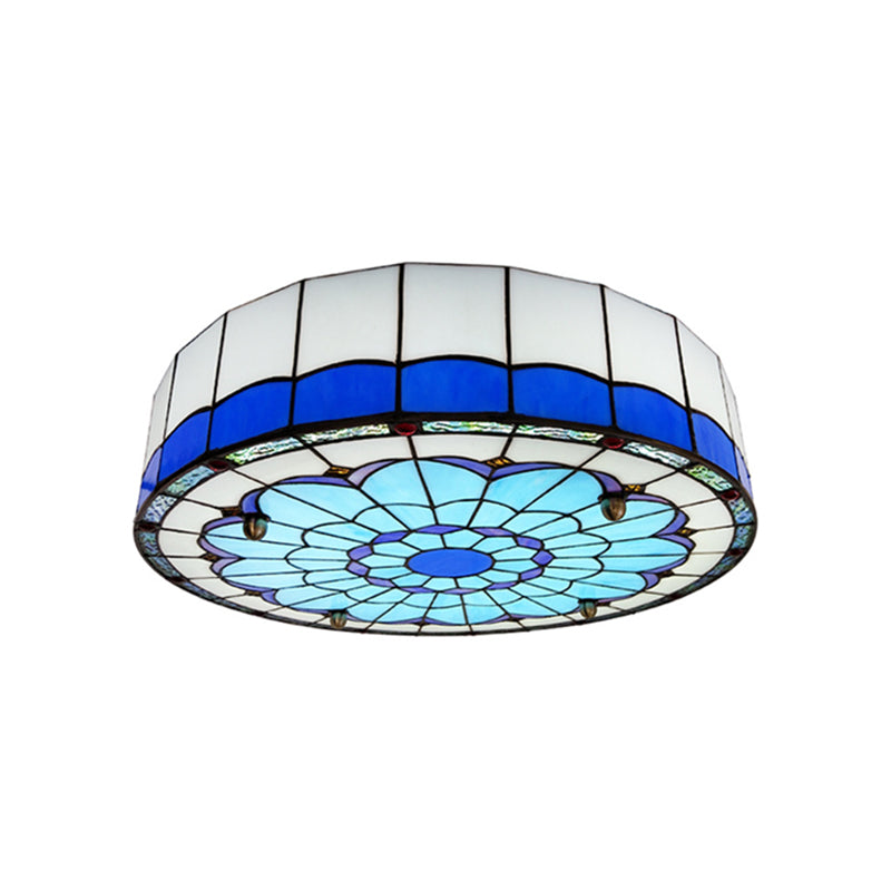 Mediterranean Stained Glass Drum Ceiling Mount Light For Bedroom Blue / 23.5’