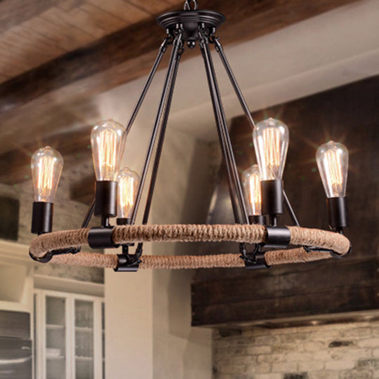 Industrial Black Metal Chandelier With Rope Suspension For Dining Room Table