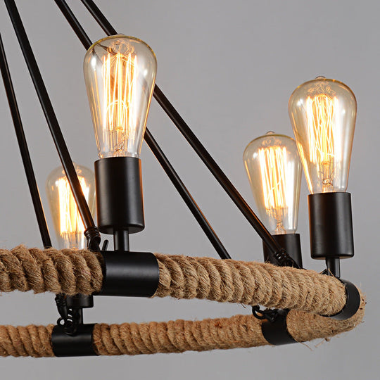 Industrial Black Metal Chandelier With Rope Suspension For Dining Room Table