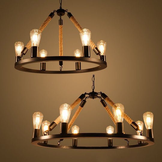 Rustic Rope Chandelier With Circular Black Metal Design And Exposed Bulbs