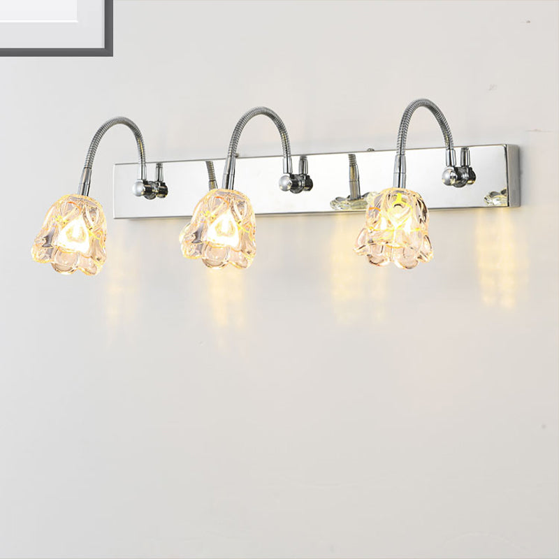 Modern Petal Clear Glass Vanity Light Fixture With Gooseneck Arm - 3 Lights Silver Finish Wall