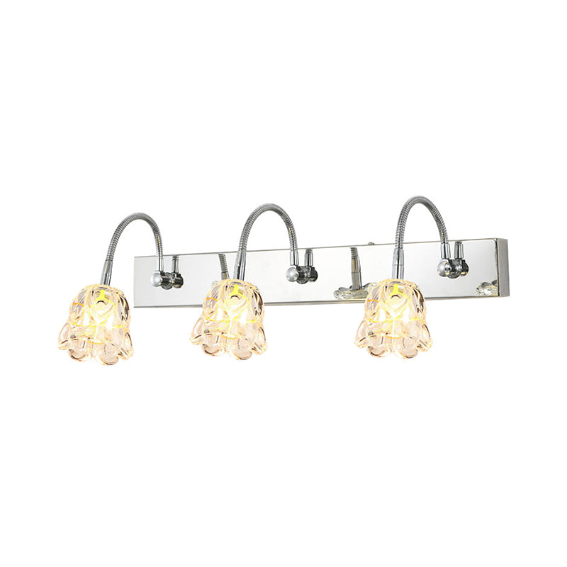 Modern Petal Clear Glass Vanity Light Fixture With Gooseneck Arm - 3 Lights Silver Finish Wall