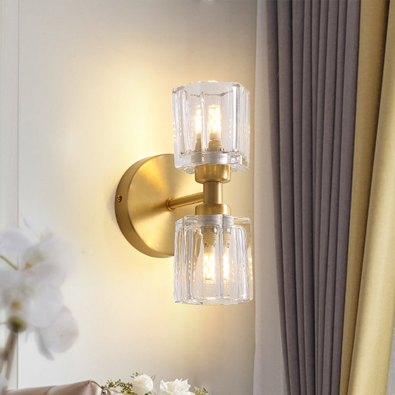 Modern Gold Wall Sconce Lamp With Clear Crystal 2 Bulbs - Tapered Living Room Lighting