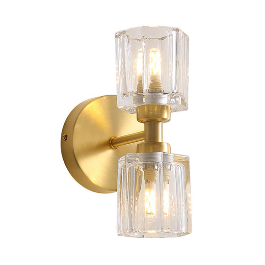 Modern Gold Wall Sconce Lamp With Clear Crystal 2 Bulbs - Tapered Living Room Lighting