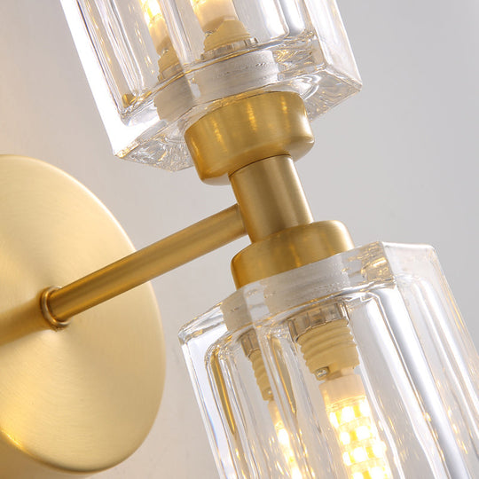 Modern Gold Wall Sconce Lamp With Clear Crystal 2 Bulbs - Tapered Living Room Lighting