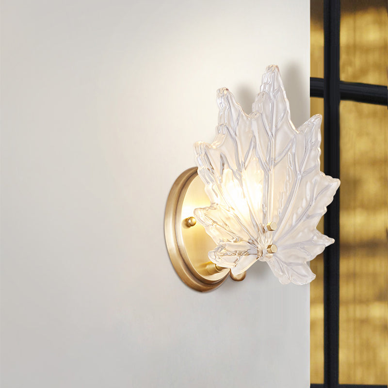 Contemporary Gold Wall Sconce: Maple Leaf Bedroom Light With Clear Crystal 1 Head Fixture