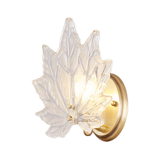 Contemporary Gold Wall Sconce: Maple Leaf Bedroom Light With Clear Crystal 1 Head Fixture