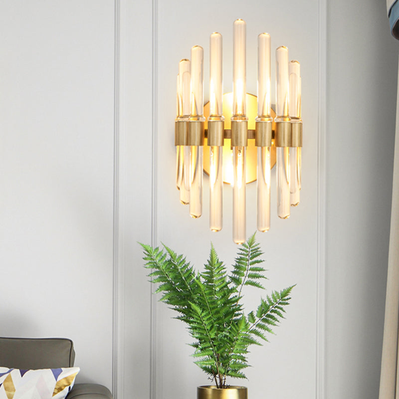 Modern Style Gold Wall Sconce With Clear Crystal Accents - Tubular Design 2 Bulbs Living Room Light