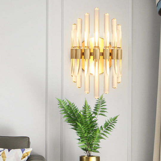 Modern Style Gold Wall Sconce With Clear Crystal Accents - Tubular Design 2 Bulbs Living Room Light