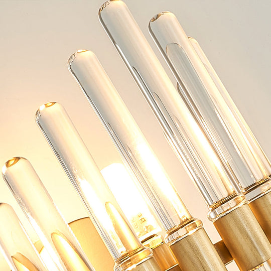 Modern Style Gold Wall Sconce With Clear Crystal Accents - Tubular Design 2 Bulbs Living Room Light
