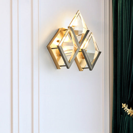 Modern Rhombus Wall Sconce Light With Clear Crystal And Metal Accents - 3 Lights Golden Finish