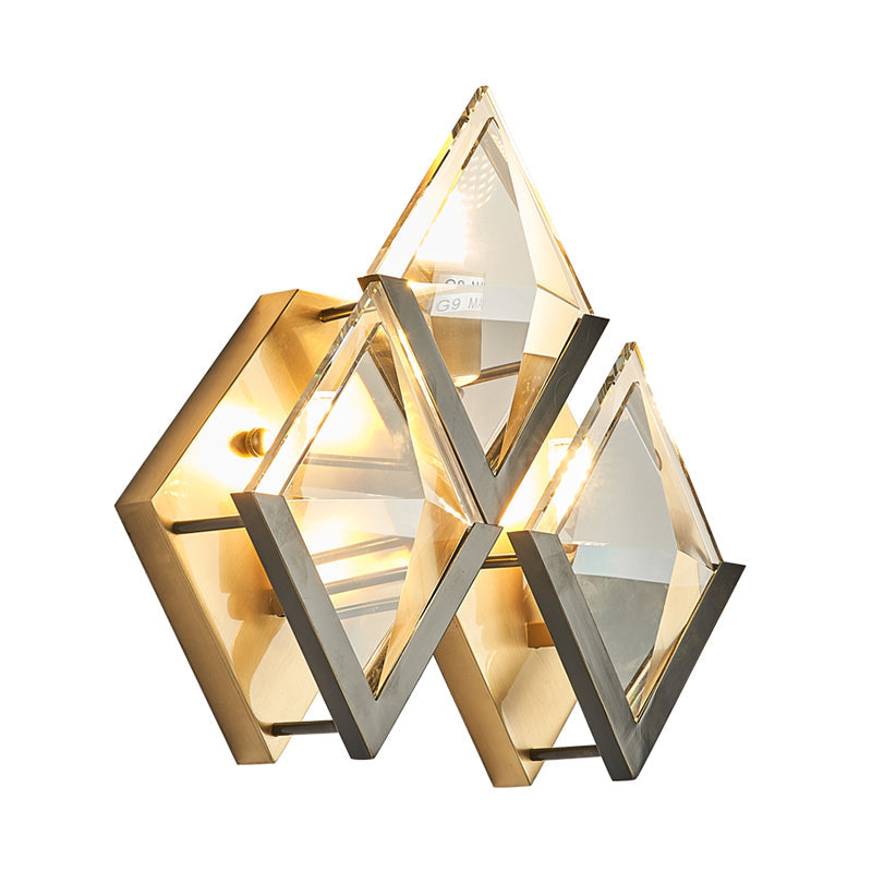 Modern Rhombus Wall Sconce Light With Clear Crystal And Metal Accents - 3 Lights Golden Finish