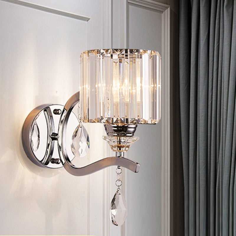 Modern Crystal Block Cylinder Wall Sconce In Chrome - Bedroom Light Fixture