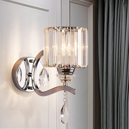 Modern Crystal Block Cylinder Wall Sconce In Chrome - Bedroom Light Fixture