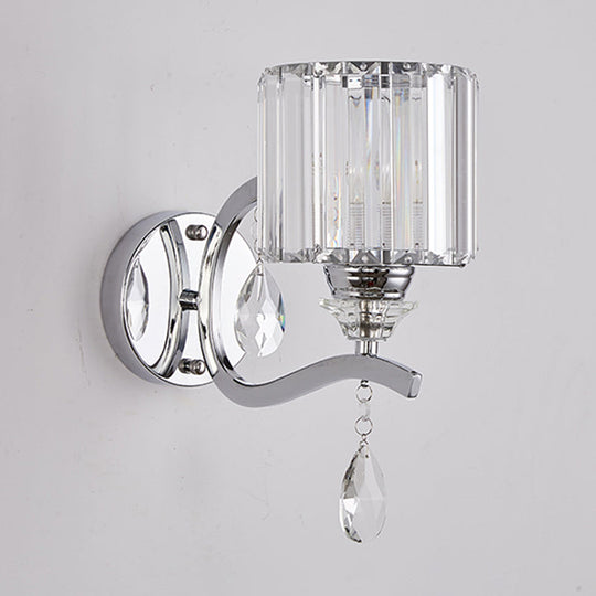 Modern Crystal Block Cylinder Wall Sconce In Chrome - Bedroom Light Fixture