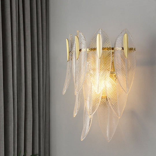 Prismatic Crystal Leaf Wall Sconce - Minimalist Gold Light Fixture (2 Lights)