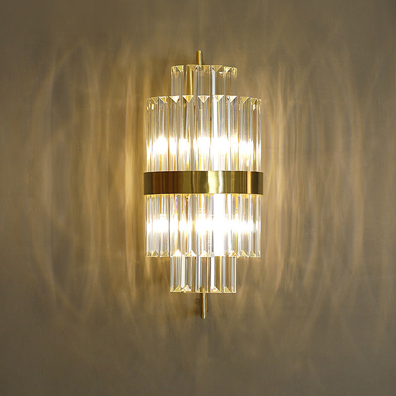 Postmodern Crystal Block Wall Sconce In Gold With 2 Cylinder Lights - Ideal For Corridors