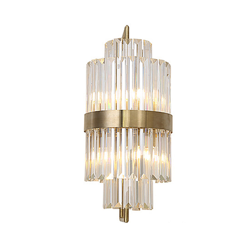 Postmodern Crystal Block Wall Sconce In Gold With 2 Cylinder Lights - Ideal For Corridors