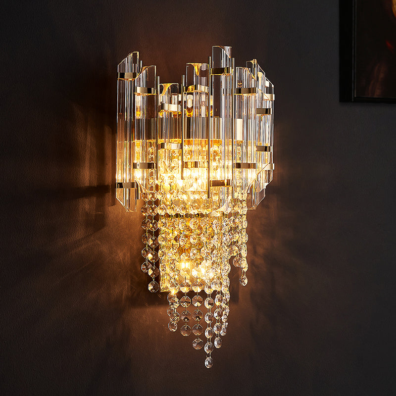 Modern Beaded Crystal Wall Sconce With 2 Smoky Grey Lights For Living Room Smoke Gray