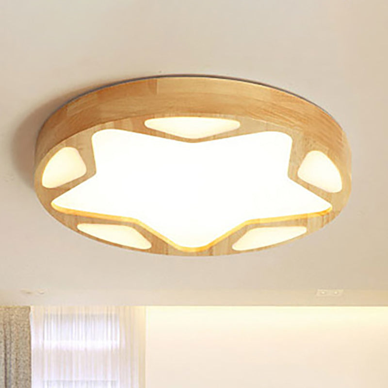 Modern Led Flush Ceiling Light In Beige - Kindergarten Star Design Wood Acrylic Lamp Yellow / 16