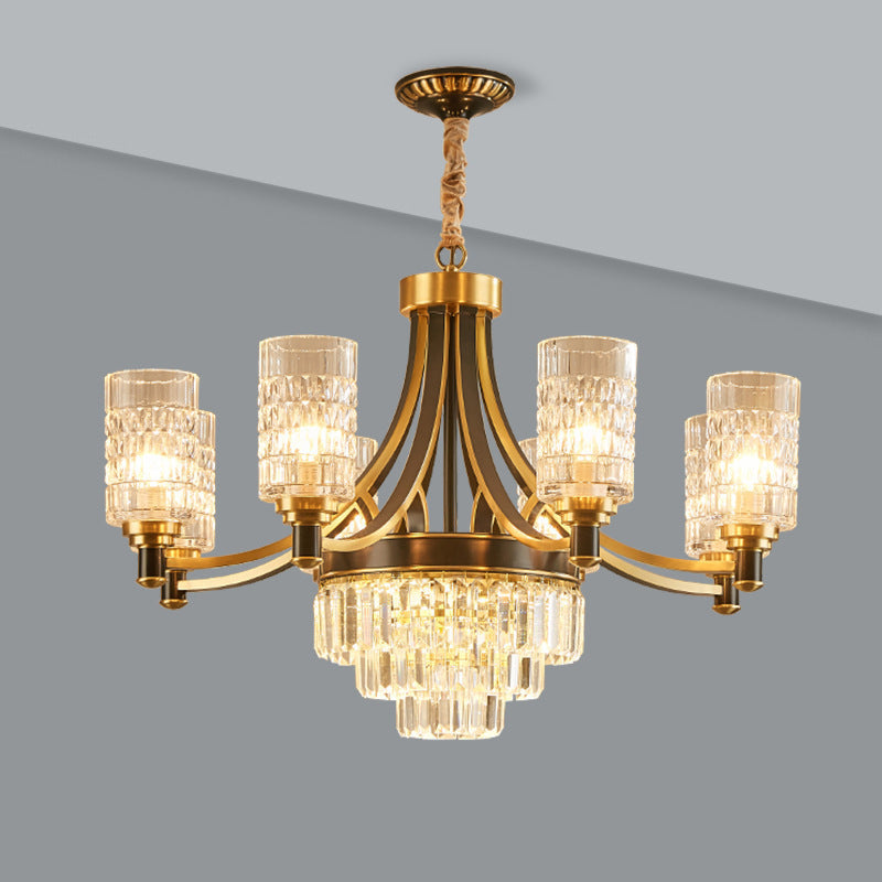 Gold Textured Crystal Chandelier With Cylinder Dining Room Hanging Light - Postmodern Style 6/8