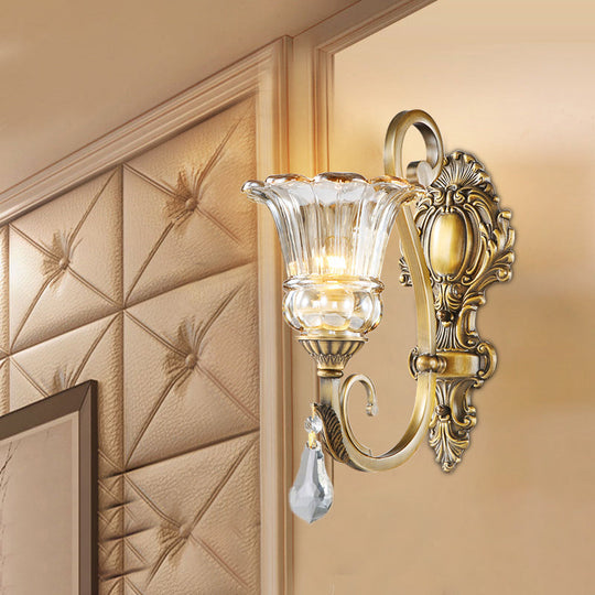 Contemporary Brass Wall Mount Light With Crystal Drop - Flower Bedroom Sconce