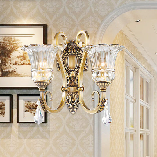 Contemporary Brass Wall Mount Light With Crystal Drop - Flower Bedroom Sconce