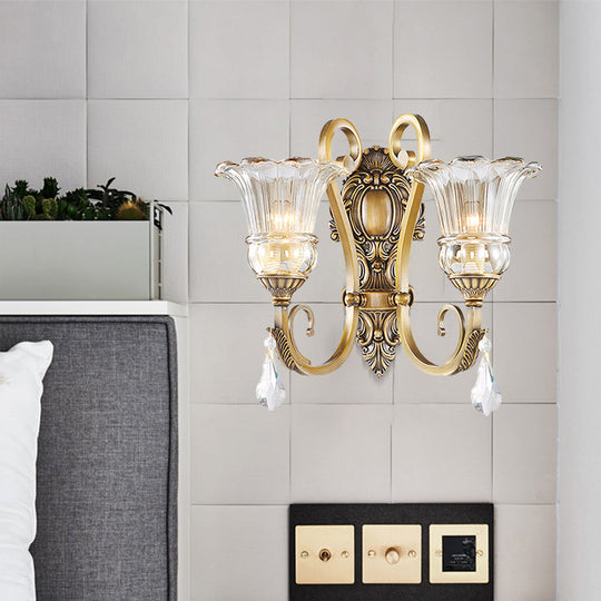 Contemporary Brass Wall Mount Light With Crystal Drop - Flower Bedroom Sconce