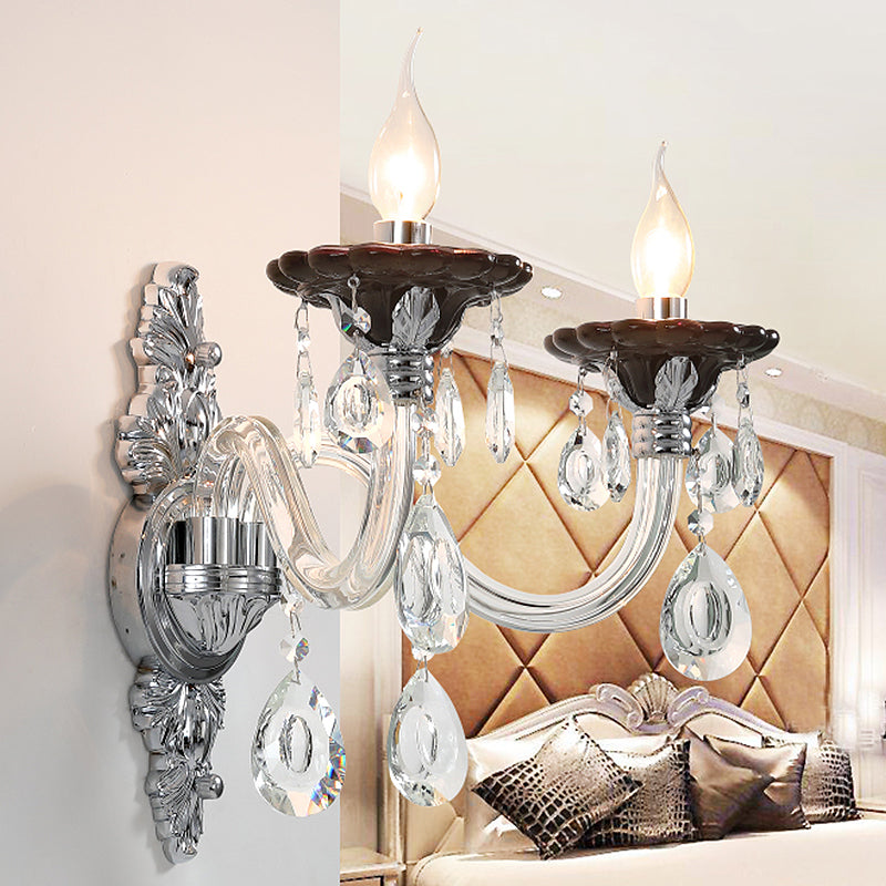 Modern Crystal Wall Sconce With Silver Candle Design - Ideal For Bedroom Lighting