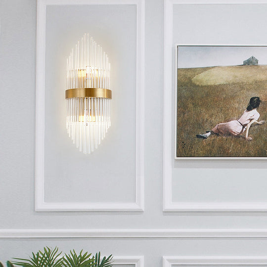 Postmodern Crystal Rod Shield Wall Mount Sconce Light For Living Room - Gold Finish 2/3 Heads 3 /