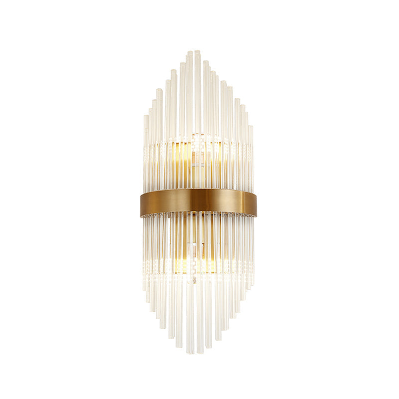 Postmodern Crystal Rod Shield Wall Mount Sconce Light For Living Room - Gold Finish 2/3 Heads