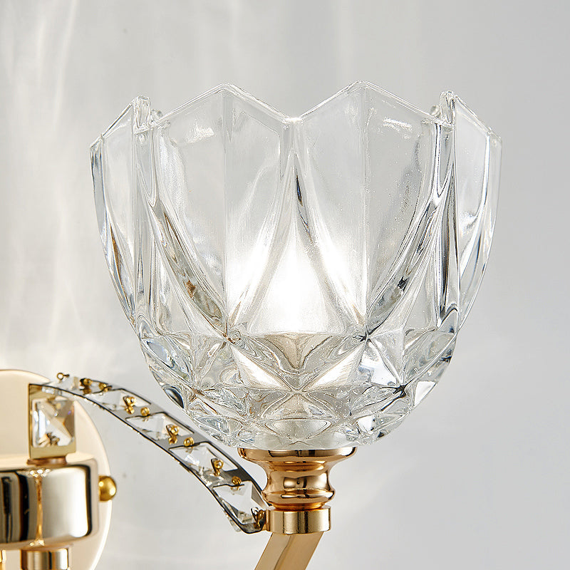 Postmodern Clear Glass Wall Mount Sconce Light With Crystal Accent - Gold Finish