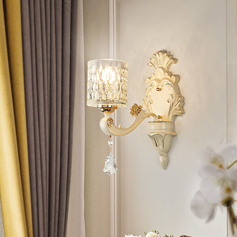 Modern Gold Wall Mount Cylinder Sconce Light With Clear Dimpled Glass Crystal Drop - 1/2 Heads