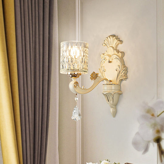 Modern Gold Wall Mount Cylinder Sconce Light With Clear Dimpled Glass Crystal Drop - 1/2 Heads