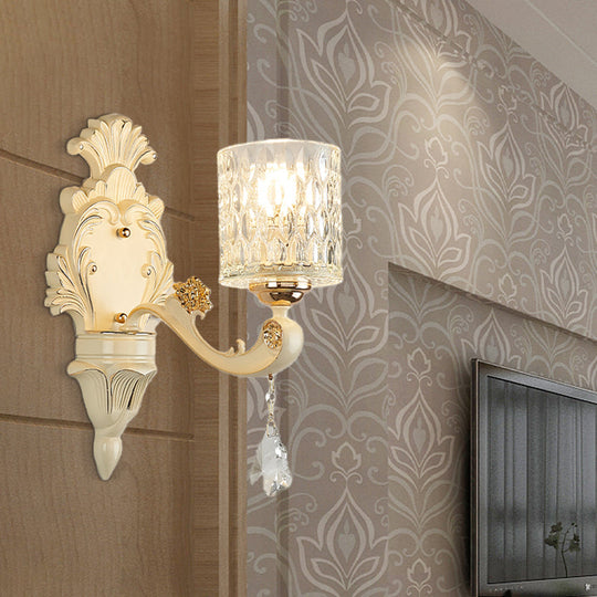 Modern Gold Wall Mount Cylinder Sconce Light With Clear Dimpled Glass Crystal Drop - 1/2 Heads