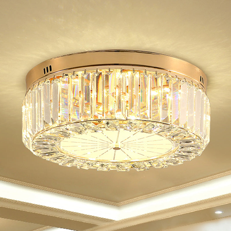 Modern Led Flush Ceiling Lamp With Clear Crystal Drum Shape For Living And Dining Room Lighting Gold
