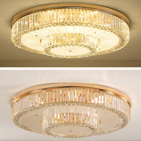 Modern Led Flush Ceiling Lamp With Clear Crystal Drum Shape For Living And Dining Room Lighting