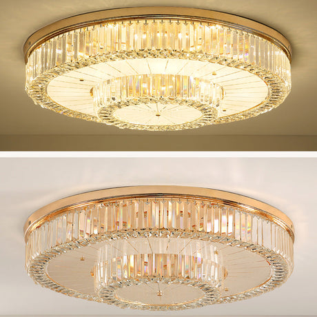 Modern Led Flush Ceiling Lamp With Clear Crystal Drum Shape For Living And Dining Room Lighting