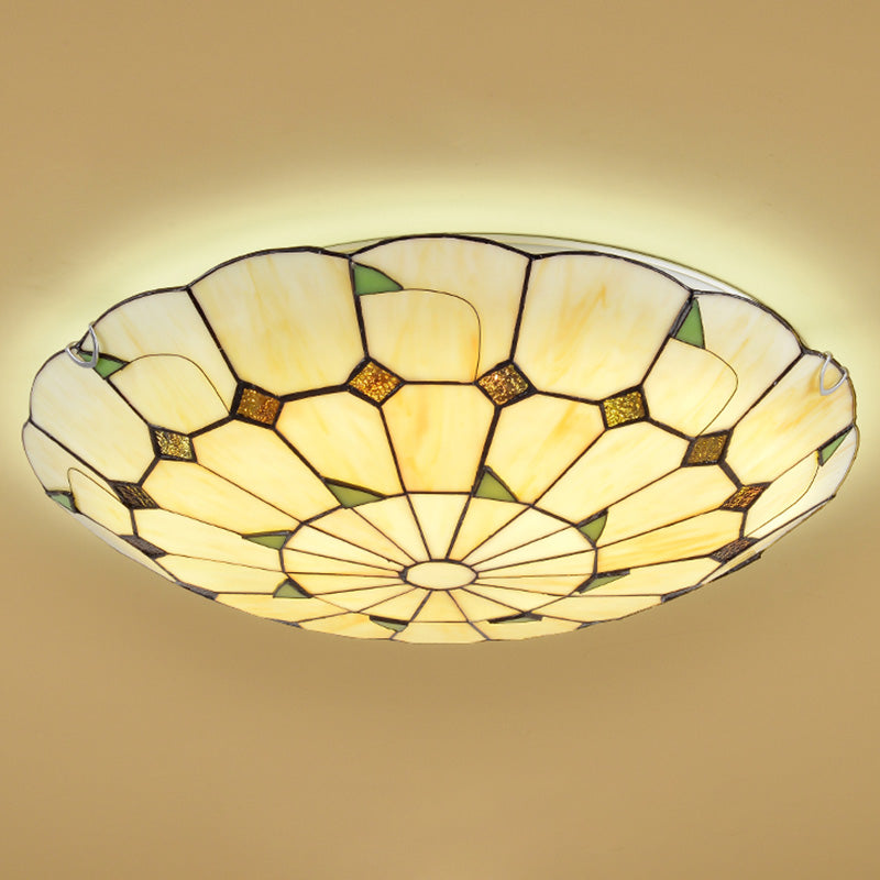 Vintage Tiffany Stained Glass Ceiling Light With Leaf Pattern - Flush Mount Led Lamp For Living Room