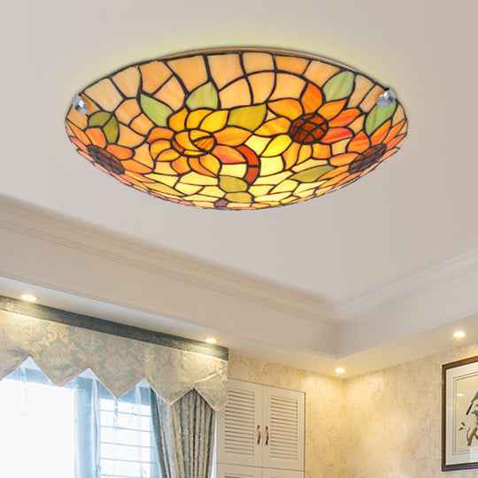 Tiffany Style Stained Glass Ceiling Light With Flower & Leaf Pattern - Retro Mediterranean Flush