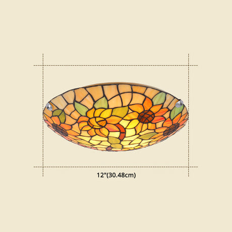 Tiffany Style Stained Glass Ceiling Light With Flower & Leaf Pattern - Retro Mediterranean Flush